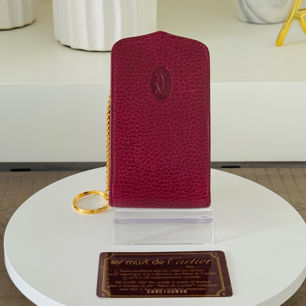 Cartier Red Leather Key Holder With Gold Chain